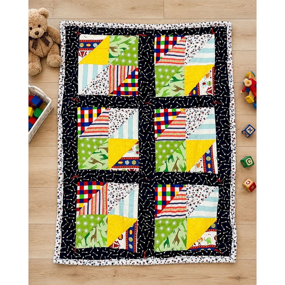 Handmade Patchwork Quilt 42x34 Colorful Kids Circus Animals Stars